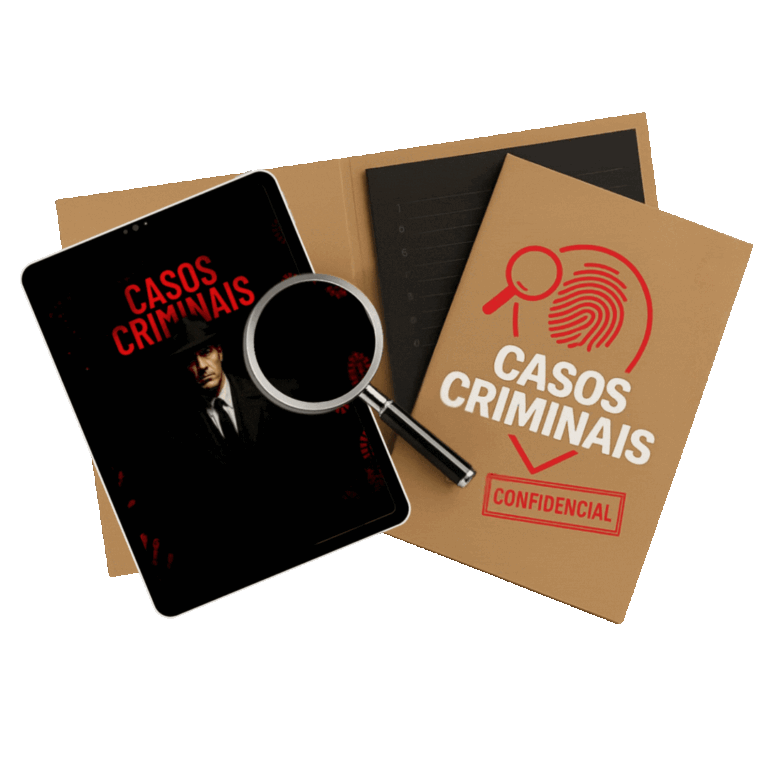 Casos Criminais — tablet, caderno e lupa